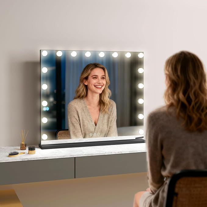 Vanity Mirror with Lights,Makeup Mirror with 17 Dimmable LED Bulbs, 3 Color Lighting Modes Detachable 10X Magnification Mirror Touch Control, 23.6X19,7 inch, Black