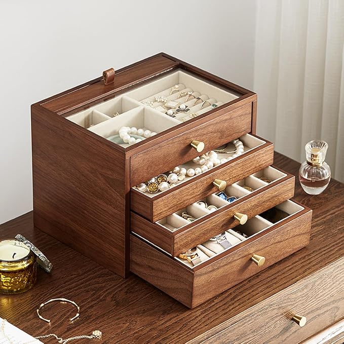 CHOSIN Black Walnut Wooden Jewelry Box for Women, Wood Jewelry Organizer 4 Layer with Glass Lid and Pull-out Necklace Storage Layer, for Watch Necklace Ring Earring Storage Valentine's Day Gifts