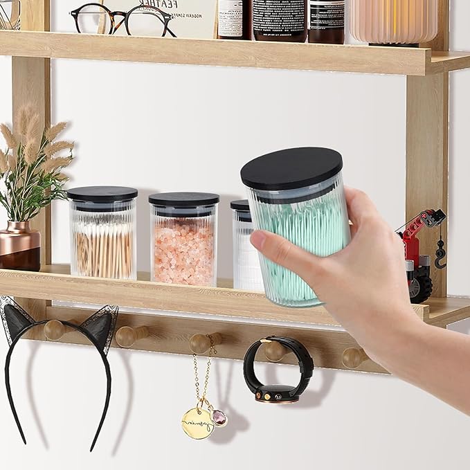2 Pack Ribbed Glass Qtip Holder Dispenser Set - Apothecary Jars with Lids - Bathroom Canister Storage Organizer and Vanity Makeup Organizer for Cotton Ball, Cotton Swab, Cotton Round Pads,Floss