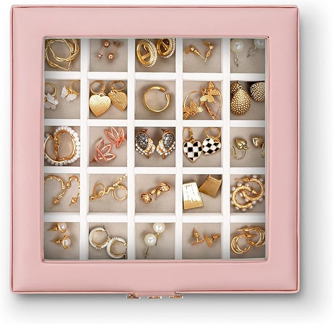 Glenor Co Earring Organizer - Classic 50 Section Jewelry Box/Case/Holder for Earrings, Rings, Necklaces, Jewelry, Cufflinks or Collections -2 Layer Small Compartments with Large Glass Top - Soft Pink