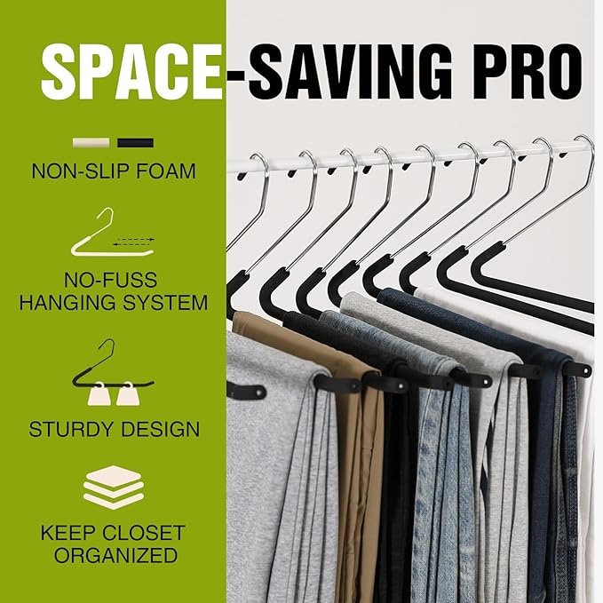 Spring Fever Open Ended Non Slip Sponge Padded Pants Hangers - Chrome Plating Foam Heavy Duty Space Saving Beige Long 10