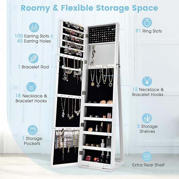GOFLAME Jewelry Cabinet with Full-length Mirror, Jewelry Storage Organizer with Makeup Mirror, Back Storage Shelf, Lockable Jewelry Cabinet Armoire for Bedroom, Living Room (White)