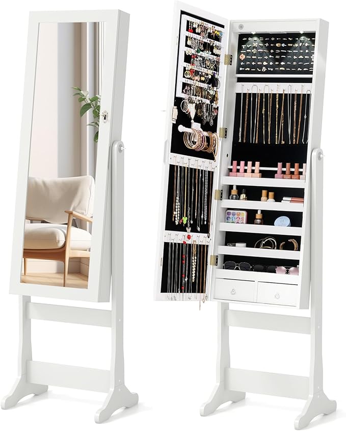 COSTWAY Standing Jewelry Cabinet, Large Storage Jewelry Armoire with Full Length Mirror, 4 Adjustable Angles & 2 LED Lights for Women, Girls (White)
