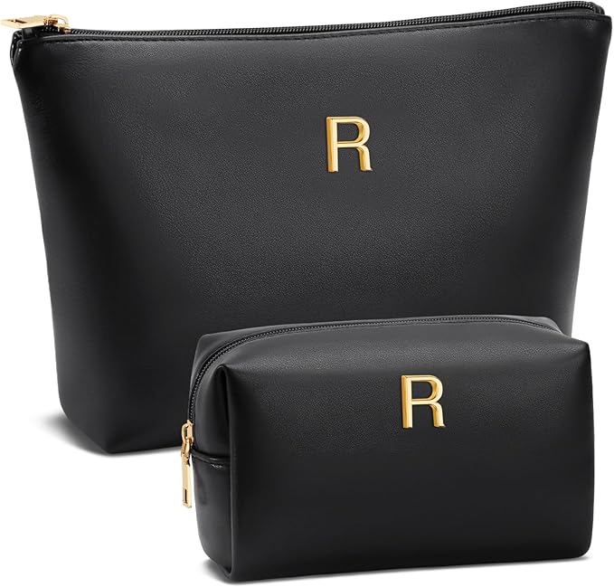 Valentine's Day Gifts for Women Girlfriend Initial Makeup Bag for Teen Girls Personalized Gifts for Friend Teacher Mom Wife Cosmetic Travel Toiletry Bag(Black,R)