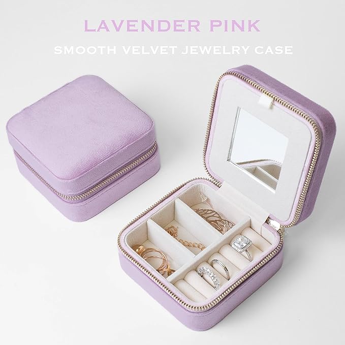 Customizable Compact Velvet Jewelry Box with Mirror, Travel Jewelry Case, Travel Jewelry Organizer, Jewelry Box for Women and Girls, Small Jewelry Organizer (Bottom Right Text, Lavender Pink)