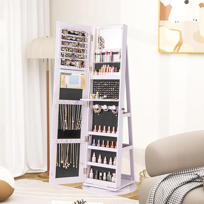 Mirror Jewelry Cabinet Standing with Full Length Mirror, 360° Swivel Jewelry Armoire with 3-Color LED Lights & Foldable Makeup Shelf, Lockable Organizer for Women, Space-Saving (Lavender)