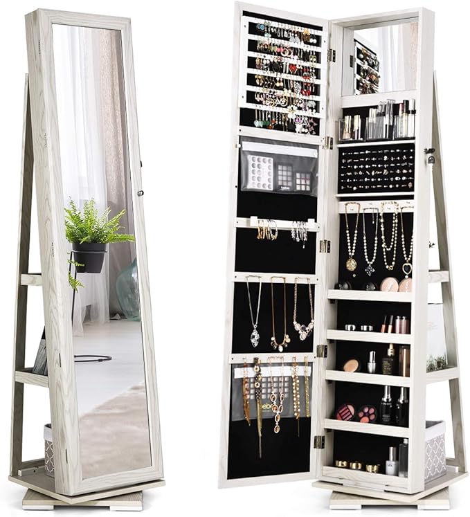 CHARMAID 360° Swivel Jewelry Armoire with Higher Full Length Mirror & Inside Makeup Mirror, Standing Lockable Jewelry Cabinet Organizer, Large Capacity, Back Storage Shelves (Grayish White)