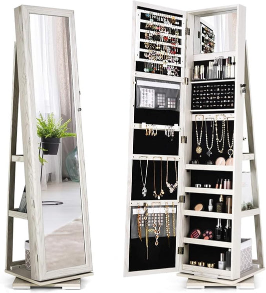CHARMAID 360° Swivel Jewelry Armoire with Higher Full Length Mirror & Inside Makeup Mirror, Standing Lockable Jewelry Cabinet Organizer, Large Capacity, Back Storage Shelves (Grayish White)