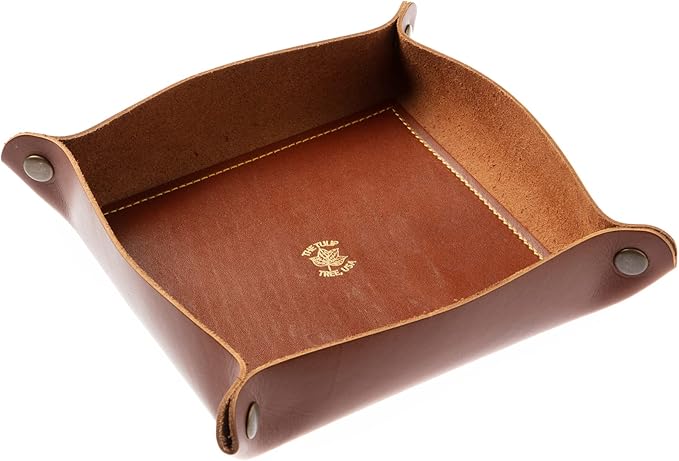 USA Handmade Premium Leather Valet Tray, Folds Flat! Dice Rolling Basket and Organizer with Brass Snaps (Chestnut Gold, Large)