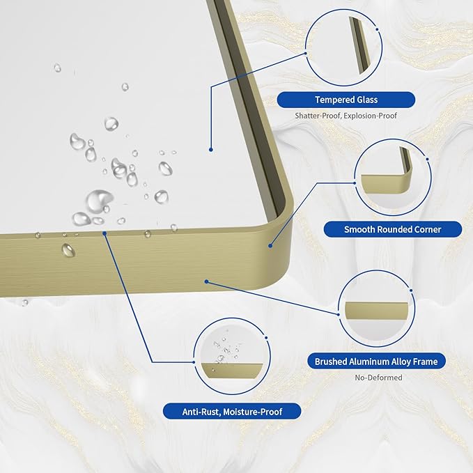 WEER Gold Bathroom Mirror, 48X32 Inch Brushed Gold Metal Frame Mirror, Rounded Rectangle Gold Bathroom Vanity Mirror for Wall, Tempered Glass, Anti-Rust, Hangs Horizontally or Vertically