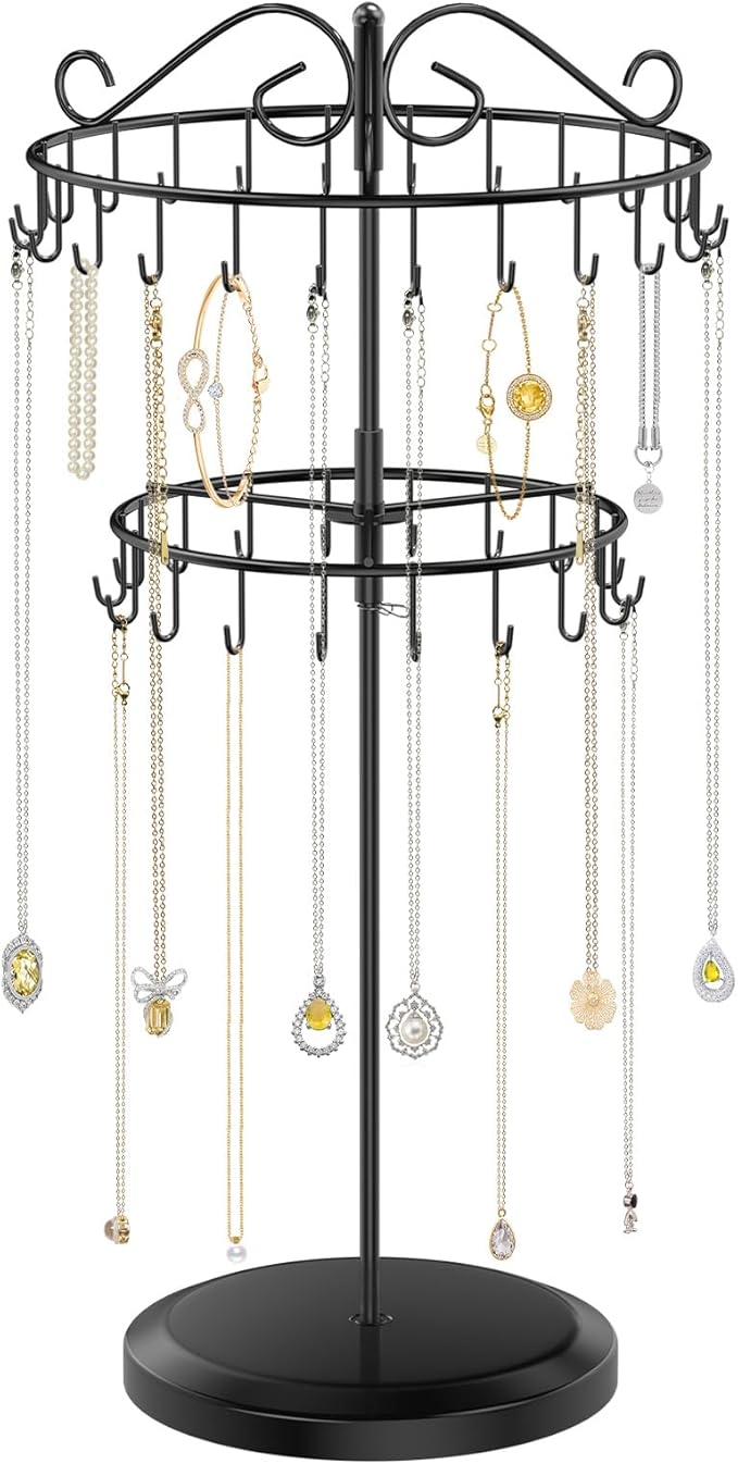 iDavosic.ly 2 Tier Rotating Necklace Holder Organizer with 42 Hooks, Adjustable Metal Bracelet Display Stand Rack, Extra Tall Keychain Spinning Tree Tower for Women, Black