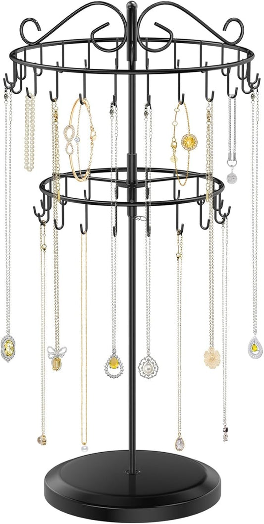 iDavosic.ly 2 Tier Rotating Necklace Holder Organizer with 42 Hooks, Adjustable Metal Bracelet Display Stand Rack, Extra Tall Keychain Spinning Tree Tower for Women, Black