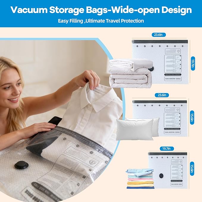 12 Pack Vacuum Storage Bags For Travel With Rechargeable Pump, Compression Packing Bags For Clothes, Blanket Storage, Space Saver For Luggage Suitcase, Important For Long Haul Flights