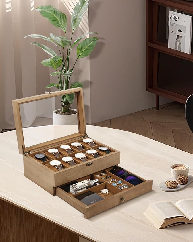 Uten 10-Slot Watch Box, 2-Layers Solid Wood Watch Display Case with Glass Lid, Watch Holder Organizer with Soft Pillow and Velvet Lining, Watch and Jewelry Storage Box, Brown