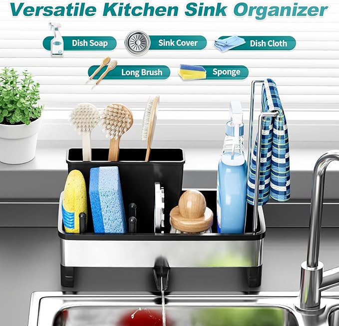 Stainless Steel Sink Caddy, Sponge Holder for Kitchen Sink with Brush Holder & Dishcloth Rack, Rustproof Sink Organizer Countertop, Soap Dispenser Kitchen Organizers Storage Essentials, Black