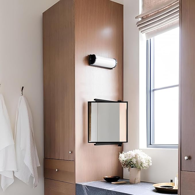 BRIXWELL Pivot-N-Vue Double Hinged Mirror Square, Tubular Steel with Silver Brazed Joints, Matte Black Finish, 11" Width x 11" Height, 10" Extendable Arms, Adjustable Wall Mount Bathroom Mirror