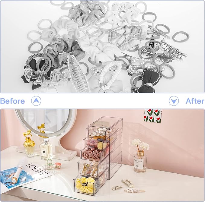 FABROK Clear Hair Accessory Organizer Box with 5 Drawers, Compact Storage Organization Drawers Set for Cosmetics, Glasses, Stationery, Stackable Storage Containers Box for Bathroom, Closet, Office