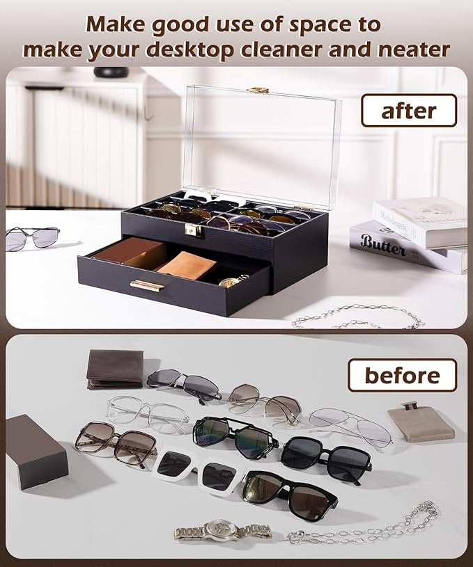 Homde Sunglasses Case Carbon Fibre: Large Organizer for Men Bedroom Dresser - Acrylic Clear Display Holder for Glasses & Jewelry