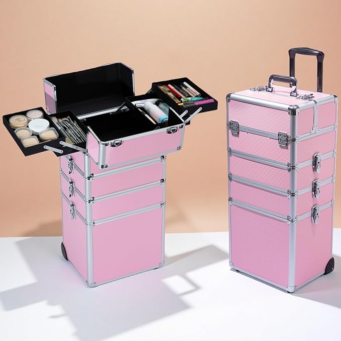 Makeup Rolling Train Case - Professional Cosmetics Organizer with Aluminum Frame, Folding Trays & Wheels, Portable for Travel & Studio (Pink)