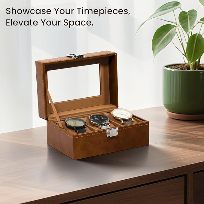 Uten 3-Slot Watch Box, PU Leather Watch Case with Glass Lid, Watch Holder Organizer with Soft Pillow and Velvet Lining, Watch and Jewelry Storage Box, Brown