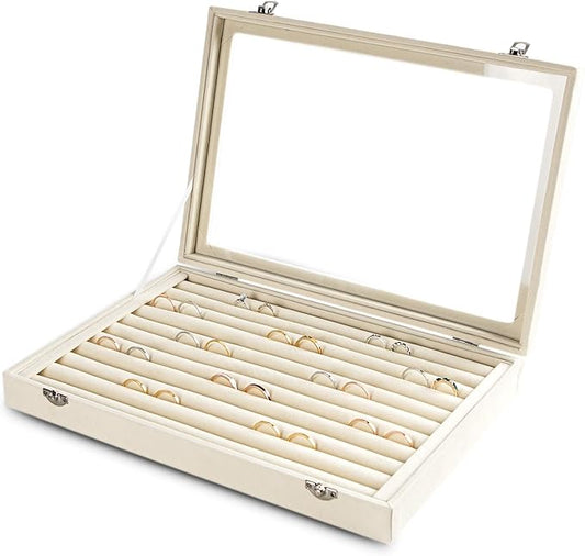 Frebeauty Rings/Earrings Organizer Tray with Clear Lid 10 Slots Velvet Drawer Insert Jewelry Storage box with Glass lid Jewelry Display Case Showcase Gift for Girls Women (Beige, 10 Slots)