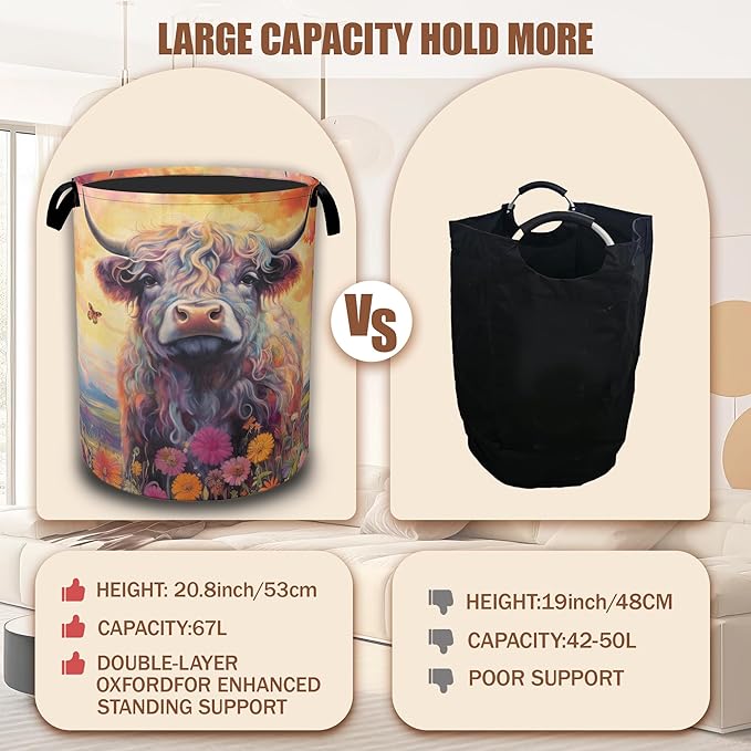 Highland Cow Laundry Basket,oil Painting Laundry Hamper Waterproof Oxford Cloth Tote Collapsible,Clothes Storage Bucket Decorative Toy Organizer For Bathroom Bedroom 16" x 20.8"
