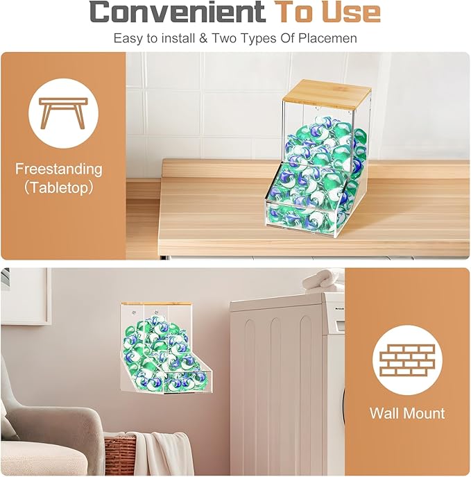 JYPS Laundry Box, Acrylic Dishwasher Pod Holder with 2 Lids, Powder Dispenser, Drying Ball, Beads, Soap Storage Case for Room Table/Wall Mounted, Snack Candy Storage (2pcs-normal)