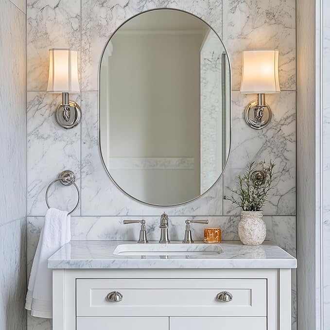 ANDY STAR Chrome Oval Mirror 26x38’’ Pill-Shaped Mirror Chrome Metal Framed for Bathroom Vanity in 1 Inch Stainless Steel Meatl Frame Anti-Rust Wall-Mounted Vertically/Horizontally