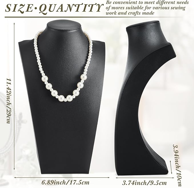 Kigley 3 Pcs Black PU Leather Jewelry Bust Display Necklace Display Stand Necklace Mannequin Holder for Jewelry Displays(11.42 x 6.89 Inch)