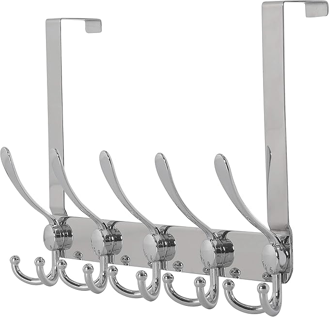 Dseap Over The Door Hook Hanger - Fits 1 3/8" to 1 3/4" Standard Doors | 5 Tri Hooks Heavy Duty Towel/Coat Rack | Door Organizer for Clothes, Jackets, Hats, Towels, Chromed