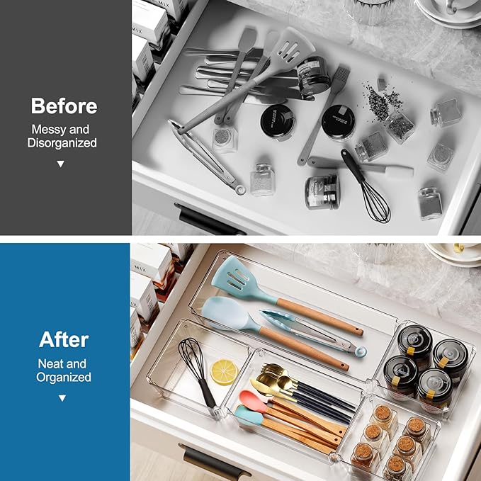 9 PCS Clear Plastic Drawer Organizer Sets for Vanity Organizer, 3 Sizes Versatile Make-up Organizer Trays, Stackable Storage Bins for Kitchen, Cabinet, Bathroom, Office, Laundry Room Organizing