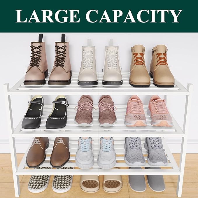 Smiry Bamboo Shoe Rack 3-Tier, Stackable Wooden Shoe Organizer for Entryway & Closet, Free Standing Wood Shoe Storage Shelf for Front Door & Small Spaces, White
