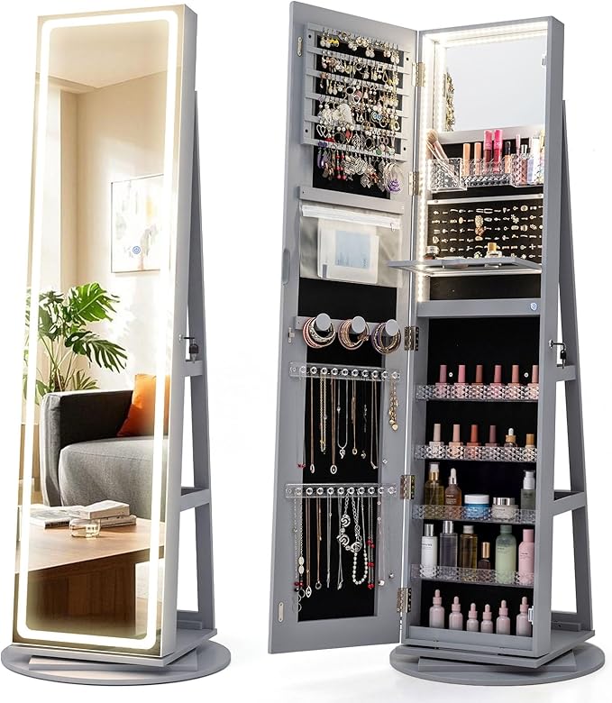 CHARMAID 360° Rotating Jewelry Armoire with LED Lighted Full Length Mirror & Built-in Vanity Mirror, Lockable Standing Jewelry Cabinet with Lights, Large Storage Organizer for Jewelry (Gray)