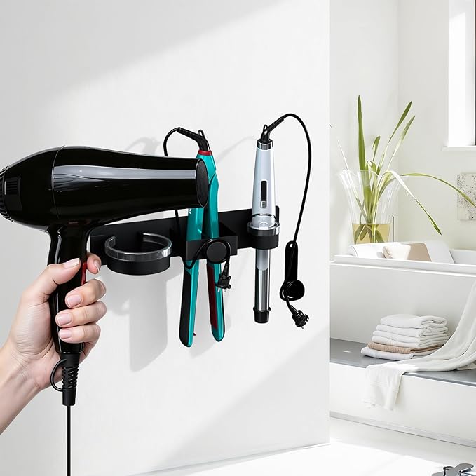 Hair Straightener Holder Wall Mounted, Hair Dryer Holder with Plug&Cord Organizer, Metal Hair Tools Organizer & Storage Curling Iron Holder for Bathroom, Salon Hair Dryer Holder