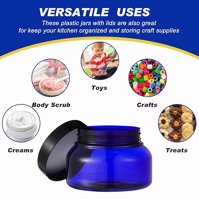 Dandat 24 Pcs 8 oz Plastic Jar Container with Lid and Label Refillable Empty Round Blue with Black Pet Cosmetic Sample Slime Containers for Lotion, Cream, Ointments, Body Butter, Makeup Travel Storage