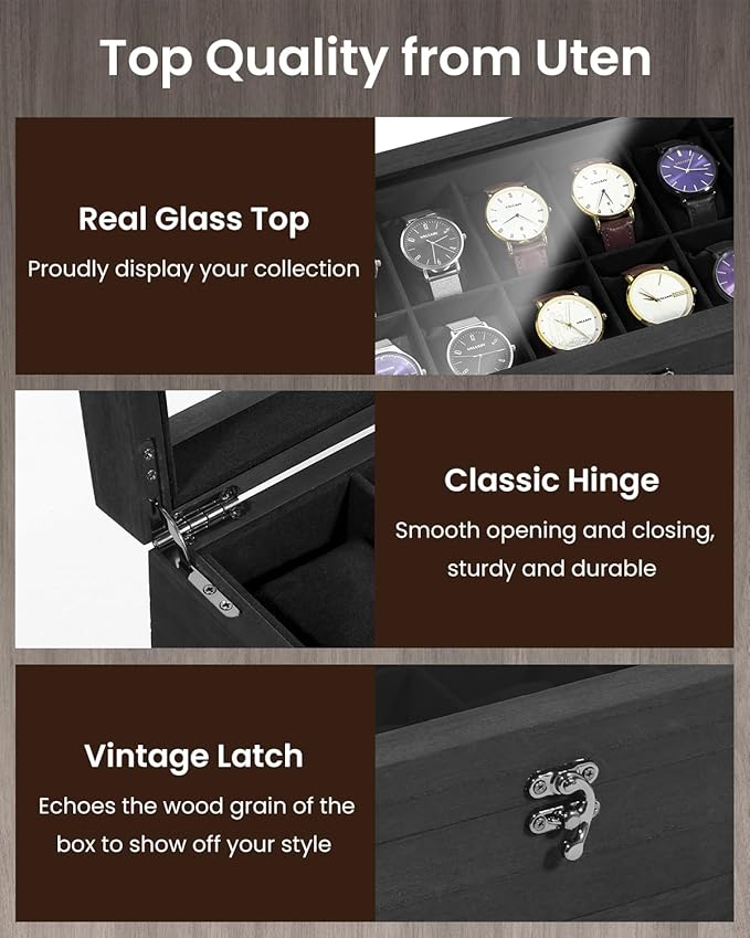Uten 12-Slot Watch Box, 2-Layers Solid Wood Watch Display Case with Glass Lid, Watch Holder Organizer with Soft Pillow and Velvet Lining, Watch and Jewelry Storage Box, Black