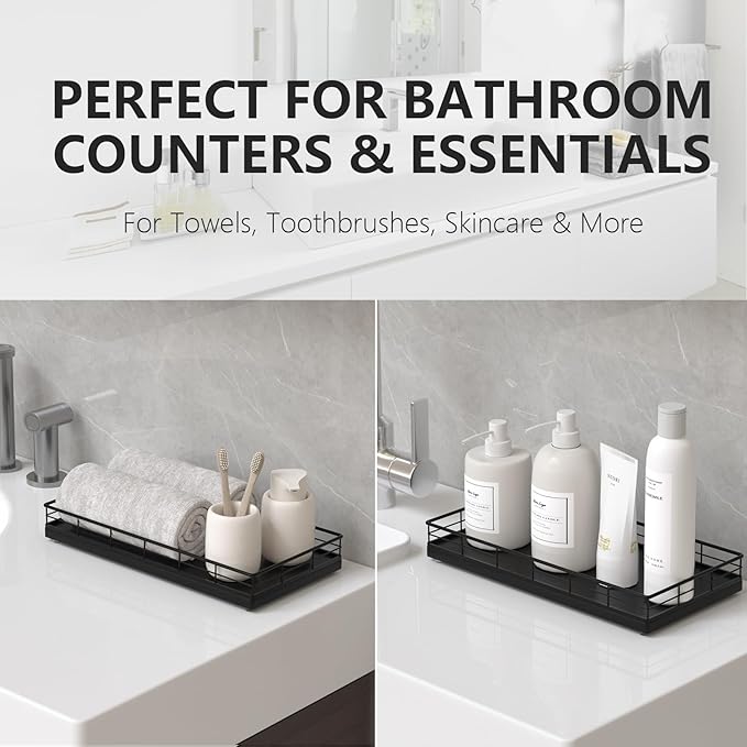 Toilet Paper Basket Organizer – Oak Wood Toilet Tank Tray with Metal Frame, Back of Tank or Top Bathroom Counter Storage – Black Modern Decor