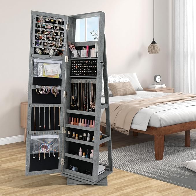 CHARMAID 360° Swivel Jewelry Armoire with Full Length Mirror, Standing Lockable Jewelry Cabinet Organizer, Large Storage Capacity, Inside Makeup Mirror, Back Storage Shelves (Stone Gray)