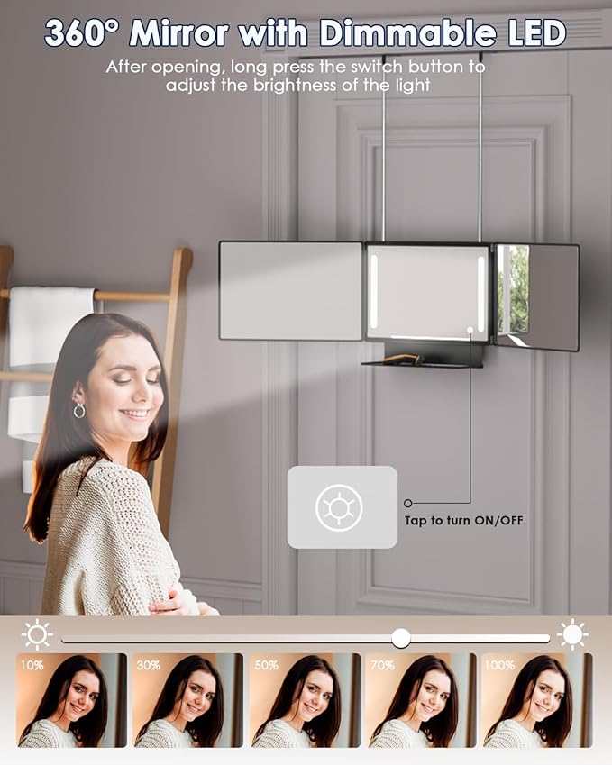 Dripex 3 Way Mirror with Storage Shelf and 3 Color LED Lights, Rechargeable Trifold Self Haircut 360° Mirror with Height Adjustable Hooks for Makeup, Styling, Shaving, Braiding, Dye Hair (Black)