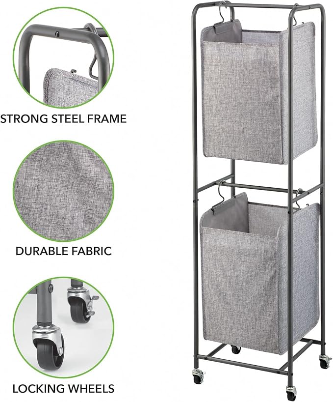 mDesign Vertical Stacked Laundry Hamper Basket with Wheels, Portable, 2 Removable Bags for Organizing Clothes, Laundry, Lights, Darks - Strong Metal Frame - Dark Gray