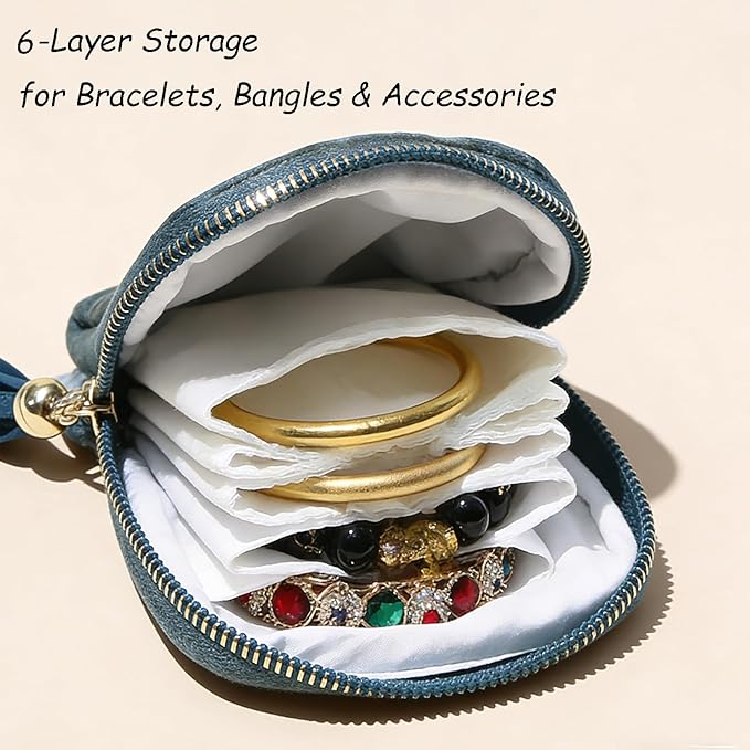2-Pack Velvet Jewelry Organizer Case - Travel Zipper Pouch with Tassel, 6-Layer Storage for Bracelets, Bangles & Accessories (Red + Navy Blue)
