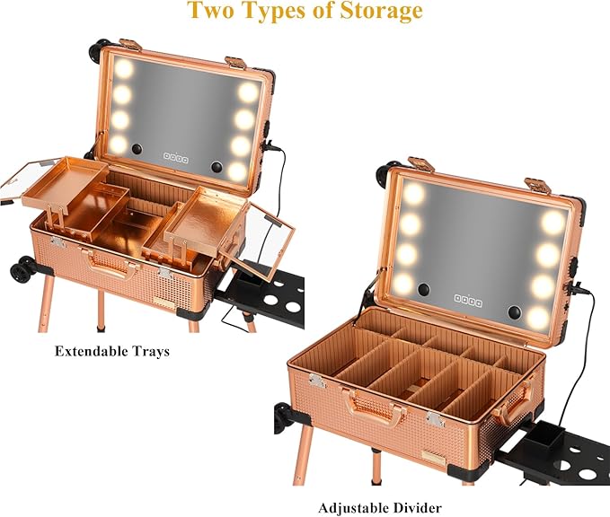 20" Aluminum Ligthed Makeup Train Case with LED Lights Professional Cosmetic Organizer Studio with Speaker, Wheels and Stands Rolling Trolley Makeup Vanity Station for Travel (Rose Gold)