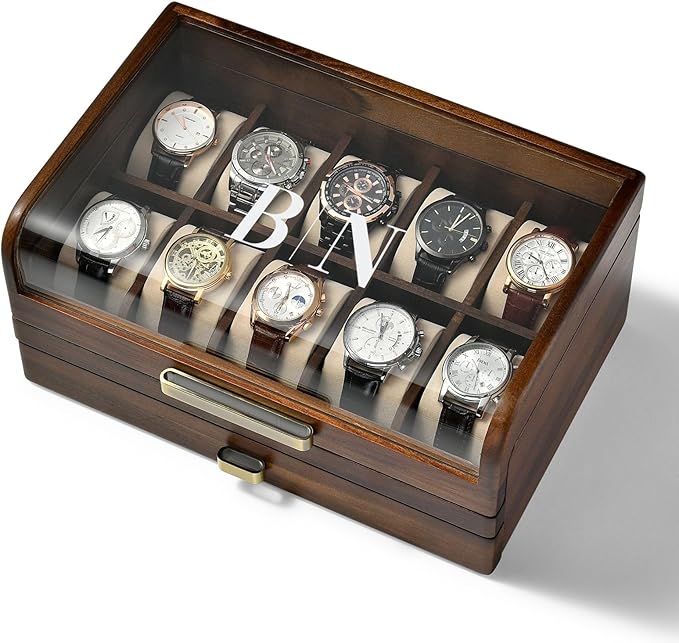 Shanik Wooden Watch Box with Drawer & Glass Lid – Acacia Wood Valet Tray Organizer for Men, Minimalist Nightstand Storage, Engraved Daily Watch Display Case, Personalized Gift for Him, Father’s Day
