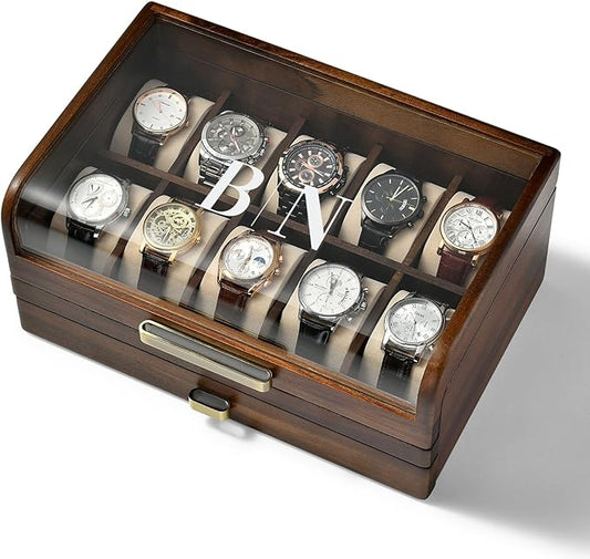 Shanik Wooden Watch Box with Drawer & Glass Lid – Acacia Wood Valet Tray Organizer for Men, Minimalist Nightstand Storage, Engraved Daily Watch Display Case, Personalized Gift for Him, Father’s Day