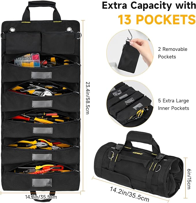 Tool Bag,Large Roll Up Tool Bag Organizer,13 Pockets Tool Roll Storage Pouch,Heavy Duty Portable Tool Storage Carrier Bag for Men,Mechanic,Electrician & Hobbyist,Black