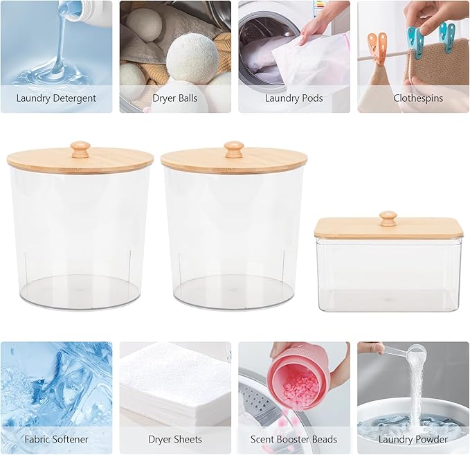 3-Pack Laundry Pods & Detergent Powder Storage Containers with Natural Bamboo Lids for Organized Laundry Room
