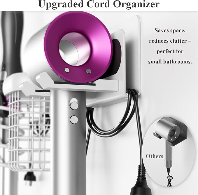 Tindbea Upgraded Aluminum Alloy Hair Dryer Holder Wall Mounted with Built-in Cord Wrap,3-in-1 Hair Tool Organizer for Blow Dryer, Curling Iron, and Straightener, White