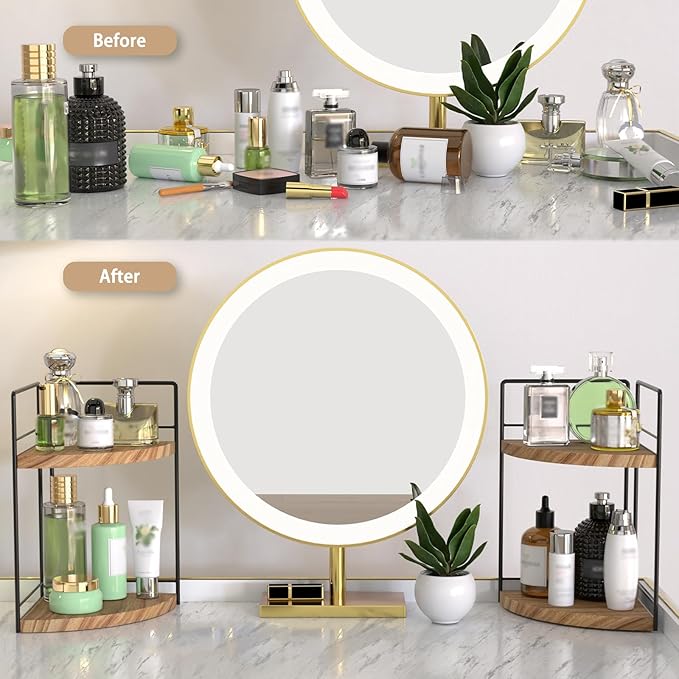 2 Pack Bathroom Counter Organizer, 2 Tier Corner Bathroom Counter Organizer Wooden Vanity Organizers for Bathroom Organizers and Kitchen Storage Dresser Decoration