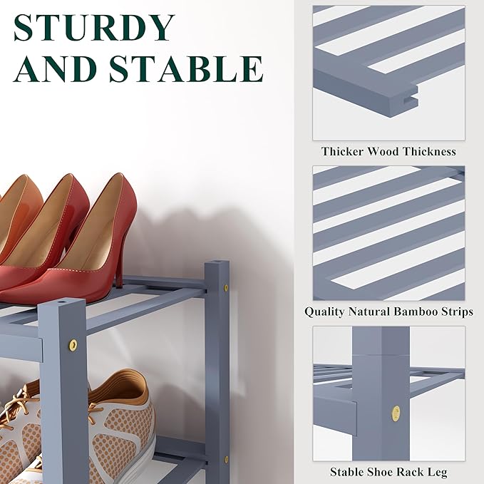 Smiry Bamboo Shoe Rack for Closet, 4 Tier Small Wooden Stackable Shoe Organizer, Free Standing Shoes Storage Shelf for Entryway, Front Door Entrance, Grey