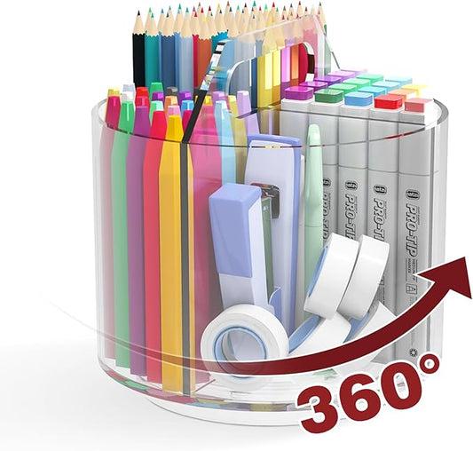 Absonic Pencil Holder for Kids, 360 Rotating Pen Holder for Desk Organizer and Storage, 4 Compartments Art Supply Marker Organizer, Acrylic Kids Desk Organizer for School Lazy Susan Organizer